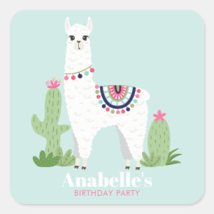 かわいいラマの女の子の誕生日パーティー スクエアシール