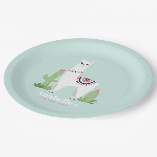 かわいいラマの女の子の誕生日パーティー ペーパープレート (アングル)