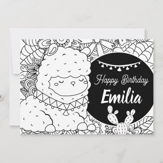 かわいいラマの子供の誕生日の花のぬりえ シーズンカード (正面)