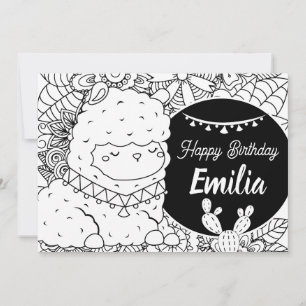 かわいいラマの子供の誕生日の花のぬりえ シーズンカード