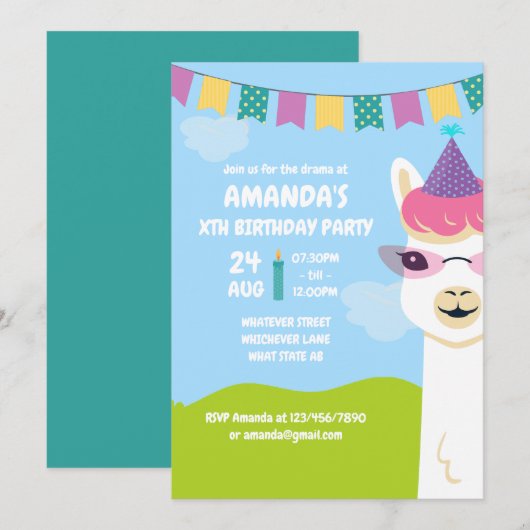 かわいいラマの子供の誕生日パーティーの招待状 招待状 (正面/裏面)
