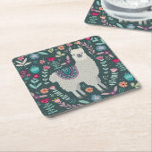 かわいいラマの花柄 スクエアペーパーコースター (アングル)