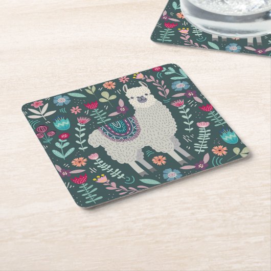かわいいラマの花柄 スクエアペーパーコースター (アングル)