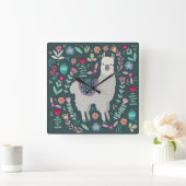 かわいいラマの花柄 スクエア壁時計 (ホーム)