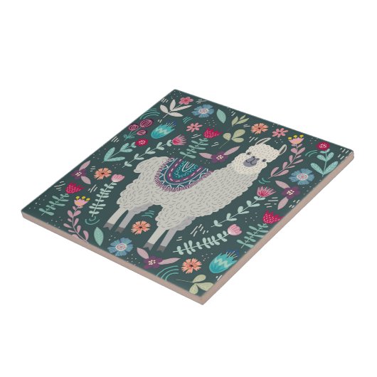 かわいいラマの花柄 タイル (側面)