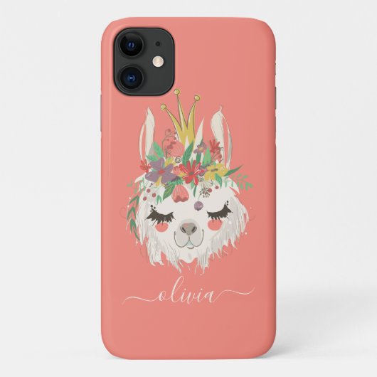 かわいいラマの顔の花柄のカスタムネーム Case-Mate iPhoneケース (裏面)