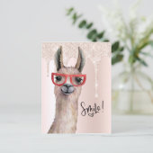 かわいいラマガーリーピンクグリッターありがとう ポストカード (スタンド正面)
