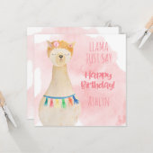 かわいいラマガーリーピンクパーソナライズされた誕生日 カード (正面/裏面インサイチュ)