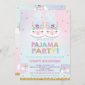 かわいいラマパジャマ誕生日パーティーのお泊まり先 招待状 (正面/裏面)