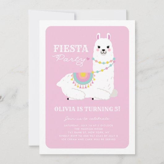かわいいラマポムピンクフィエスタ子供の誕生日 招待状 (正面)