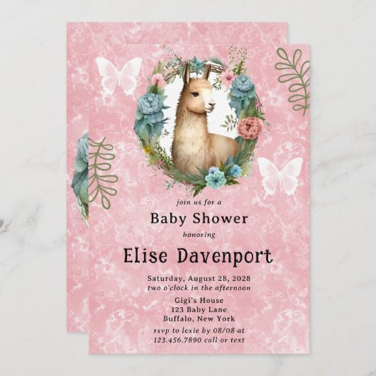 かわいいラマ多肉質フローラガールベビーシャワー 招待状 (正面/裏面)