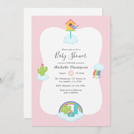 かわいいラマ天国ベビーシャワー 招待状 (正面/裏面)