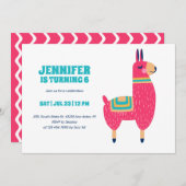 かわいいラマ漫画ホットピンク子供の誕生日 招待状 (正面/裏面)