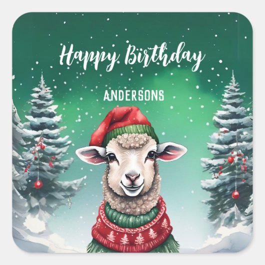 かわいいラマ羊クリスマスツリー誕生日の女の子のパーティー スクエアシール (正面)