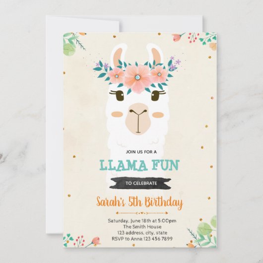 かわいいラマ顔バースデーシャワー招待状 招待状 (正面)