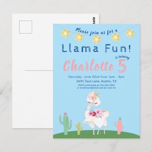 かわいいラマ·おもしろい·ブルーの誕生日パーティーの招待 ポストカード (正面/裏面)