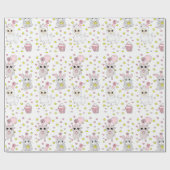 かわいいラマ、子猫とマウスカップケーキピンクの女の子 ラッピングペーパー (フラット)