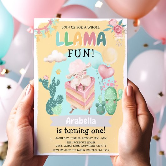 かわいいラマ 楽しい！女の子の1歳の誕生日パーティー 招待状