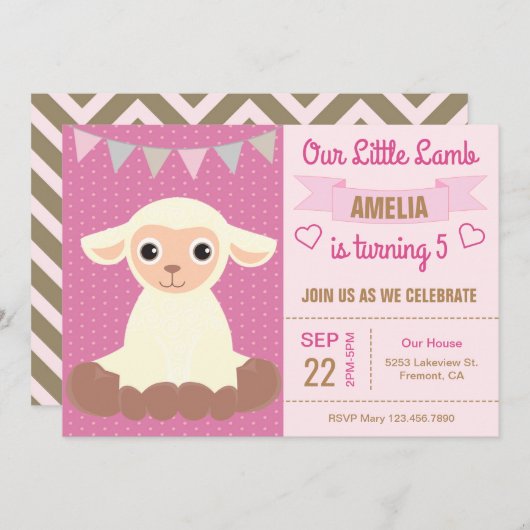 かわいいラム子供の誕生日パーティの招待状 招待状 (正面/裏面)