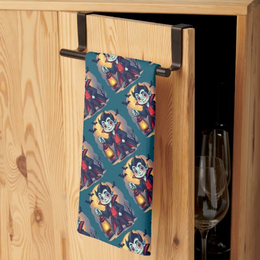 かわいいランタンを持つヴァンパイア ハロウィン キッチンタオル (三つ折り)