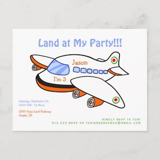 かわいいランドで私のパーティー飛行機招待状はがき インビテーションポストカード (正面)