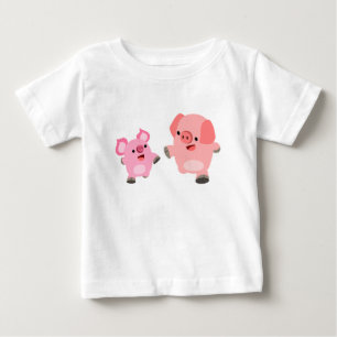 かわいいランニングベビーの豚の漫画Tシャツ ベビーTシャツ