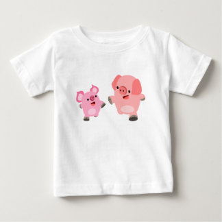 かわいいランニングベビーの豚の漫画Tシャツ ベビーTシャツ