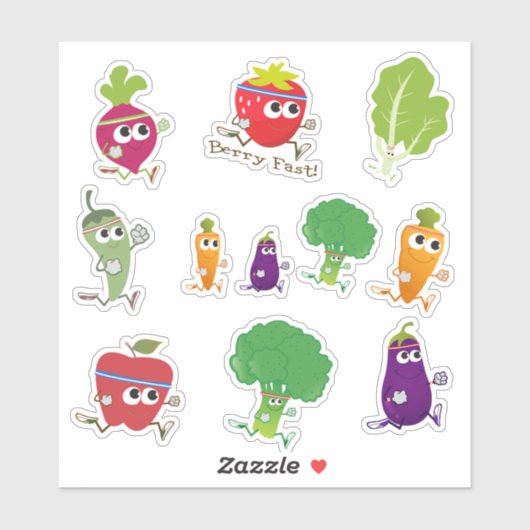 かわいいランニングマンガのフルーツと野菜のステッカーセット シール (シート)