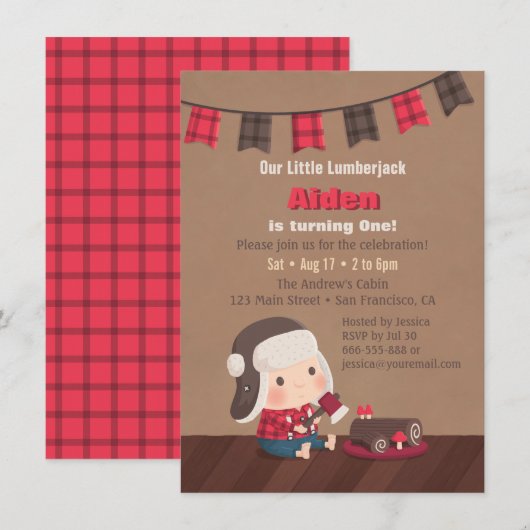 かわいいランバージャックの1歳の誕生日パーティーの招待状 招待状 (正面/裏面)