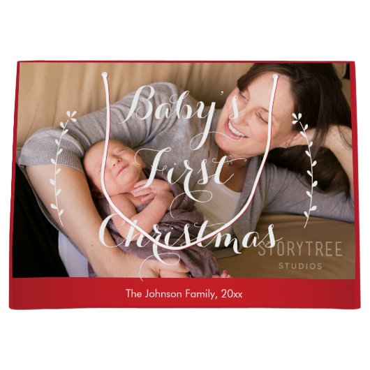 かわいいラージレッドベビーの初めてのクリスマス抱き枕 ラージペーパーバッグ (正面)