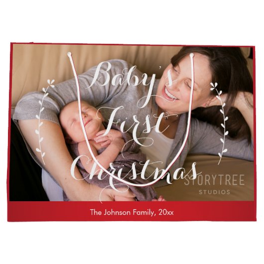 かわいいラージレッドベビーの初めてのクリスマス抱き枕 ラージペーパーバッグ (裏面)