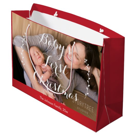 かわいいラージレッドベビーの初めてのクリスマス抱き枕 ラージペーパーバッグ (裏面アングル)