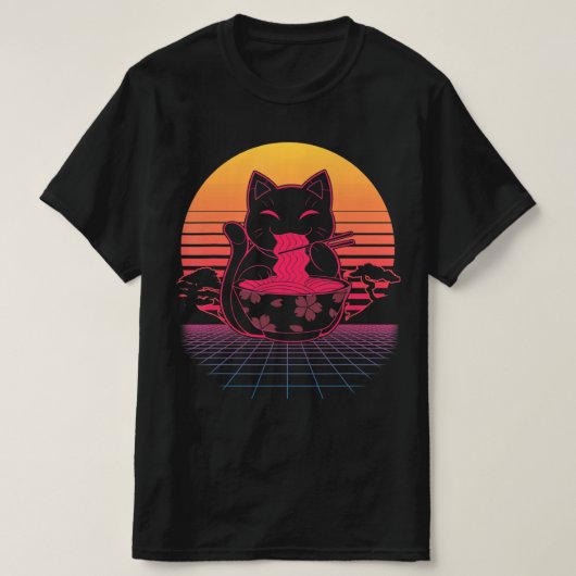 かわいいラーメンねこレトロ猫日本の麺アニメ Tシャツ (デザイン正面)