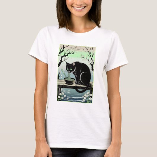 かわいいラーメンを食べるネコTシャツ Tシャツ (正面)