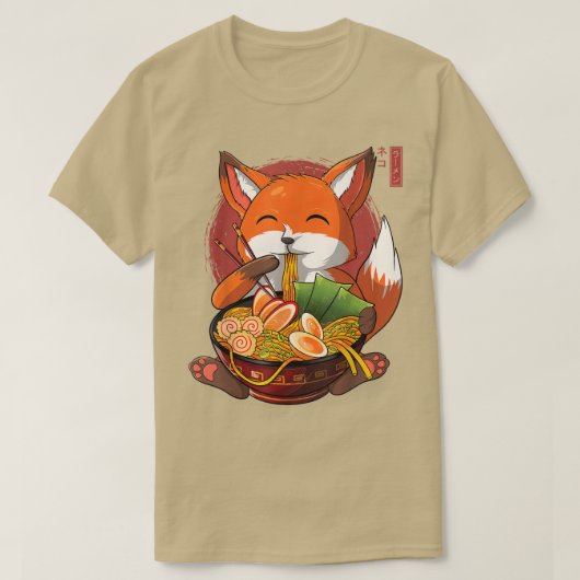 かわいいラーメンキツネ日本のねこ麺アおもしろいニメ Tシャツ (デザイン正面)