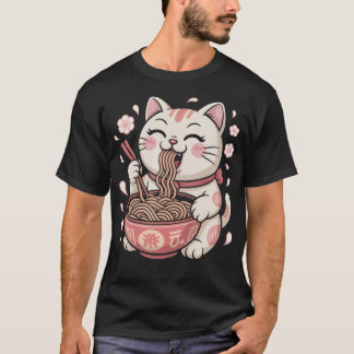 かわいいラーメン猫と桜の日本アニメ Tシャツ