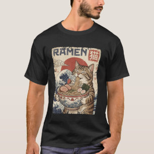かわいいラーメン猫の浮世絵風アート Tシャツ