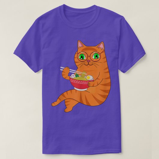 かわいいラーメン食べアニメ猫日本の麺 Tシャツ (デザイン正面)