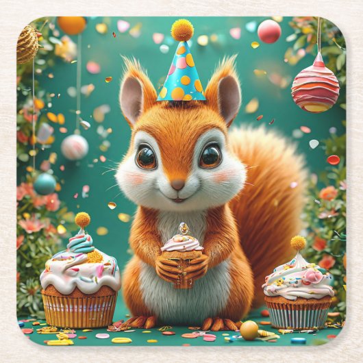 かわいいリスお誕生日おめでとう スクエアペーパーコースター (正面)