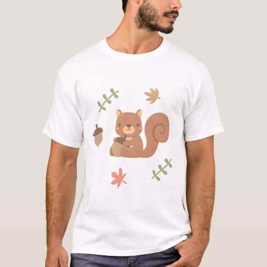 かわいいリスのコーン紅葉パターン Tシャツ (正面)