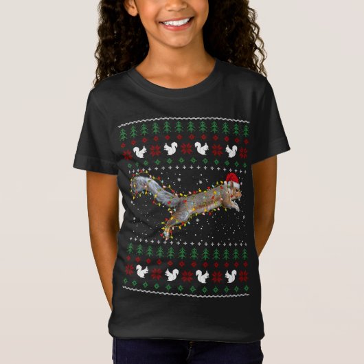 かわいいリスのサンタの帽子の醜いクリスマスセーター Tシャツ (正面)