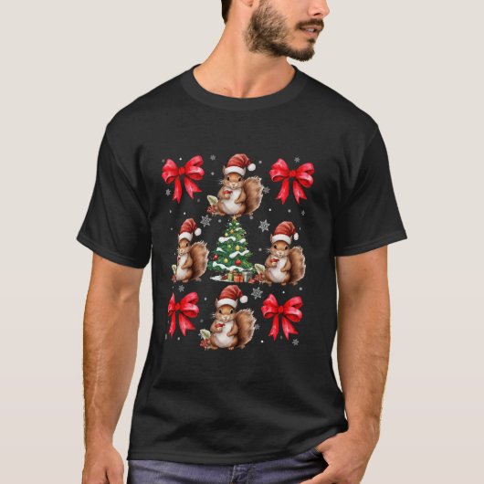 かわいいリスの恋人の動物のクリスマスコケット赤い弓 Tシャツ (正面)