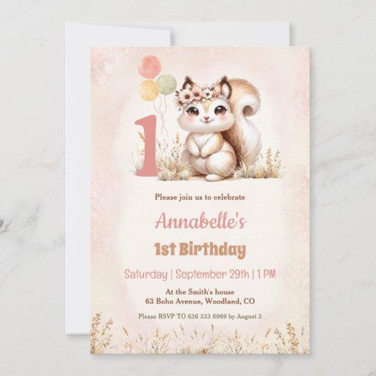 かわいいリスの森ボホガール1歳の誕生日 招待状 (正面)
