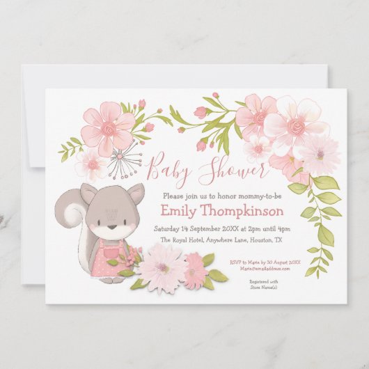 かわいいリスの花葉のフレーム赤ちゃんシャワー 招待状 (正面)