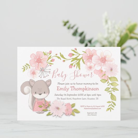 かわいいリスの花葉のフレーム赤ちゃんシャワー 招待状 (スタンド正面)