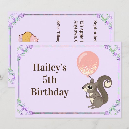 かわいいリスの誕生日招待状 招待状 (正面/裏面)