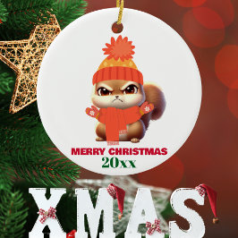 かわいいリスサンタ帽子メリークリスマス、カスタムデザイン ガラスオーナメント
