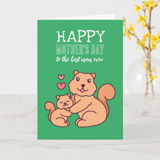 かわいいリス動物の漫画お母さんの日 カード (黄色い花)