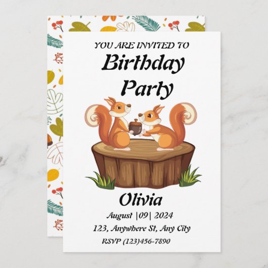 かわいいリス食べ物ルのナッツの誕生日 招待状 (正面/裏面)
