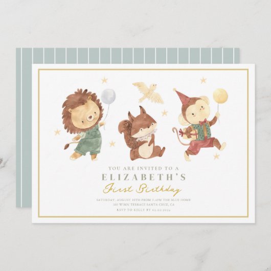 かわいいリス、ライオンとモンキーファースト誕生日 招待状 (正面/裏面)